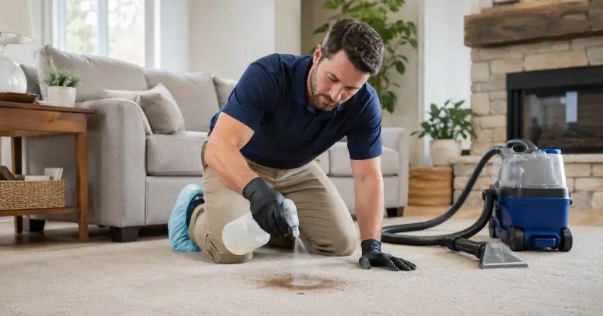 carpet stain removal technician pre-treating stain in Ajax