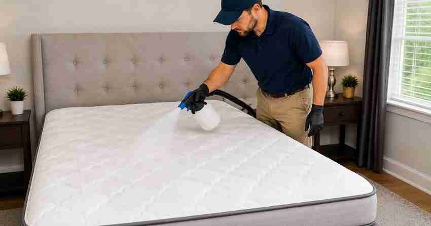 mattress odor removal treatment being applied to mattress surface in Ajax