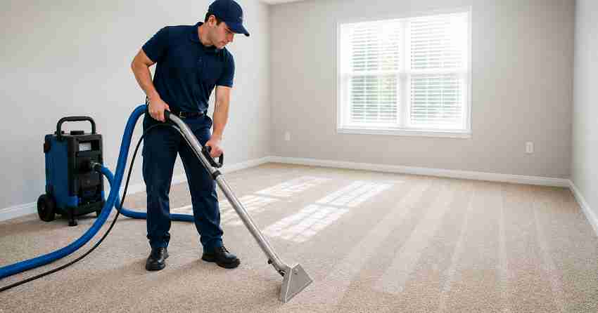 move-in carpet cleaning technician treating carpet in empty room