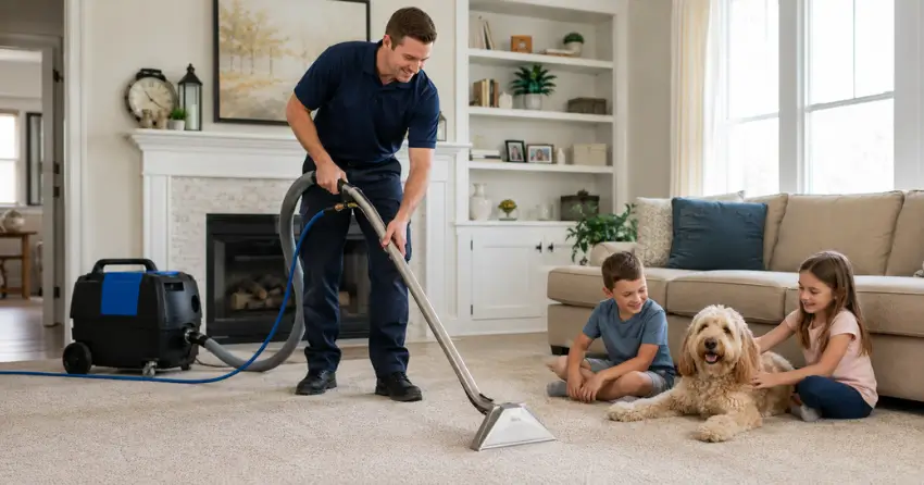 carpet cleaning technician in home with children and pets in Ajax