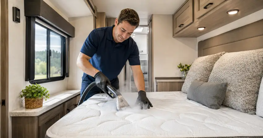 RV mattress cleaning technician using steam sanitizing equipment