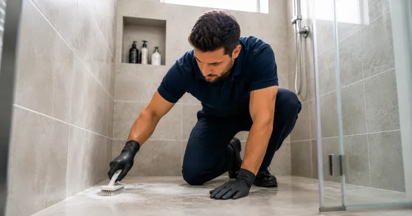 shower tile cleaning technician scrubbing grout in Ajax