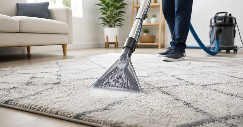 hot water extraction cleaning equipment on a synthetic area rug