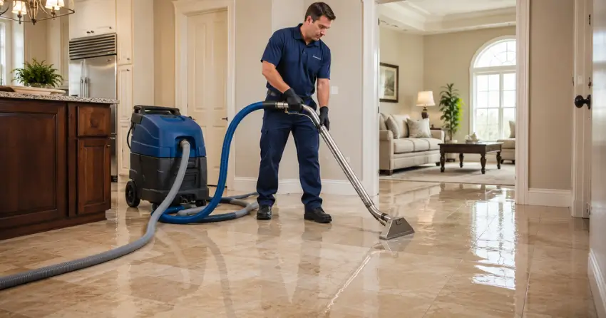 professional water extraction equipment on a flooded tile floor