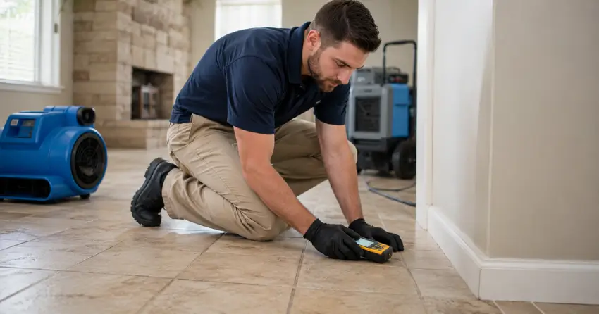 moisture meter checking subfloor after tile water extraction