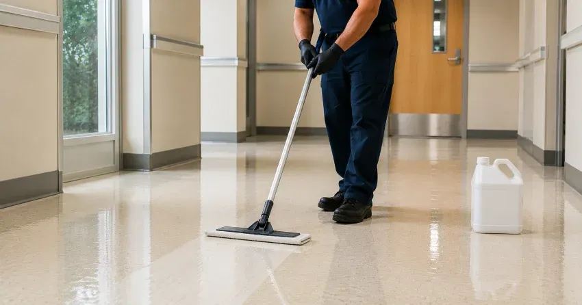 vinyl floor maintenance technician applying treatment in Ajax