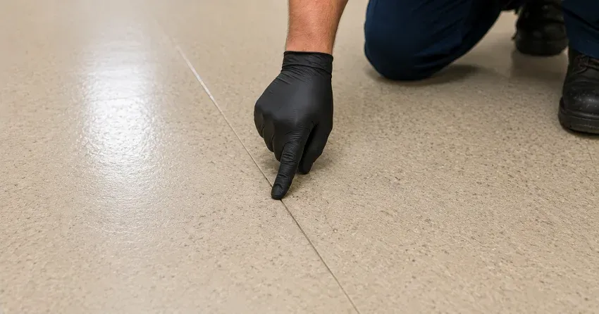 close-up of vinyl floor seam inspection during maintenance visit