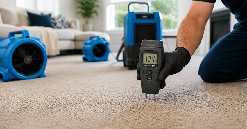 moisture readings taken during wet carpet drying process